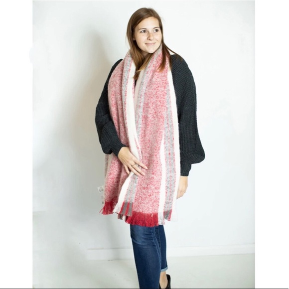FREE PEOPLE BRUSHED RACER STRIPE BLANKET SCARF IN RED COMBO NWT Reg $58 - Picture 2 of 3